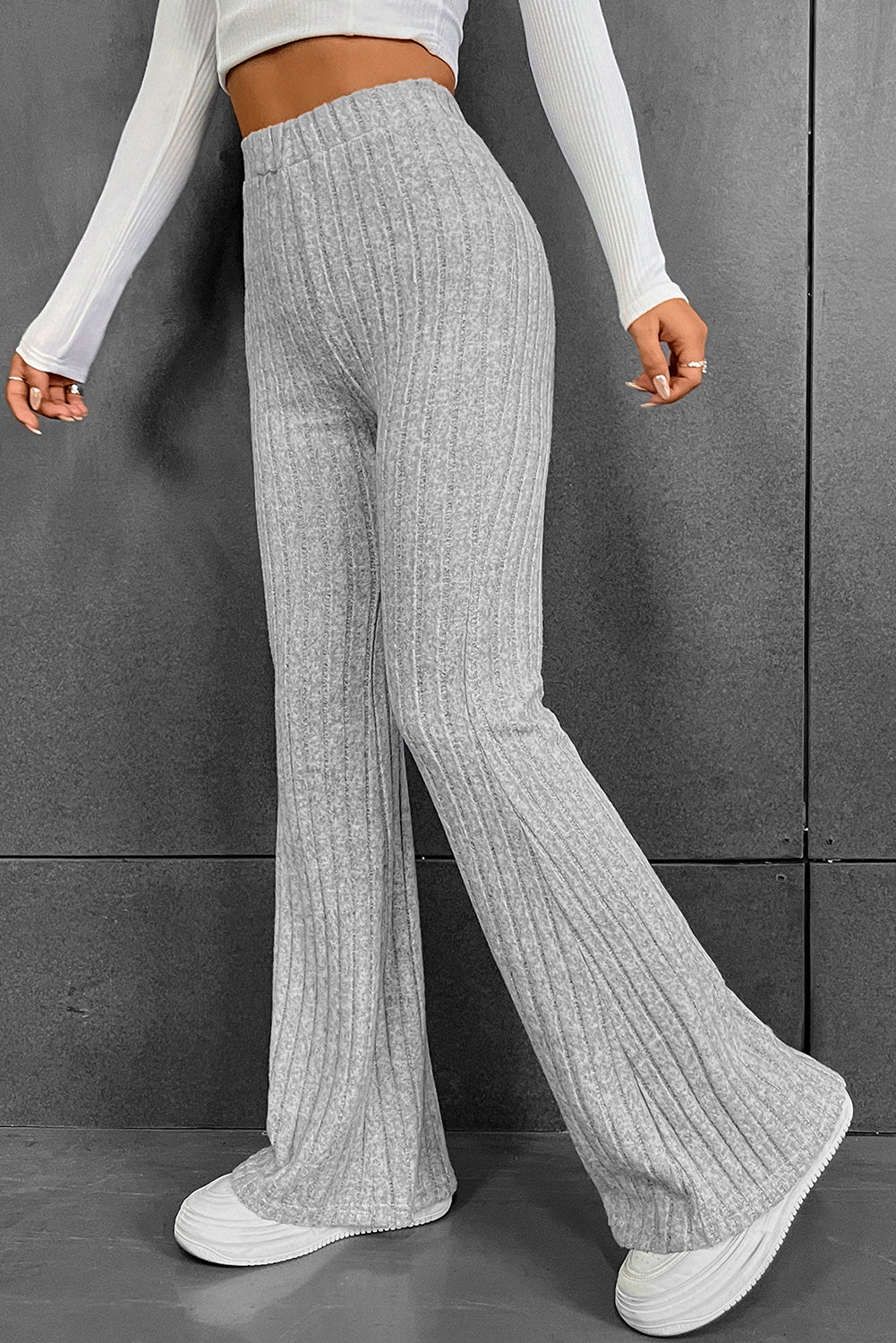 Solid Color Grey High Waisted Ribbed Flare Pants