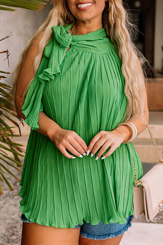 Green Asymmetrical Neck Knotted Plus Size Pleated Tank Top