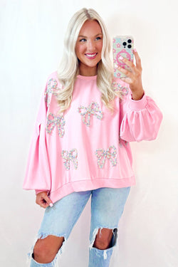 Light Pink Embroidered Bow Lantern Sleeve Oversized Sweatshirt