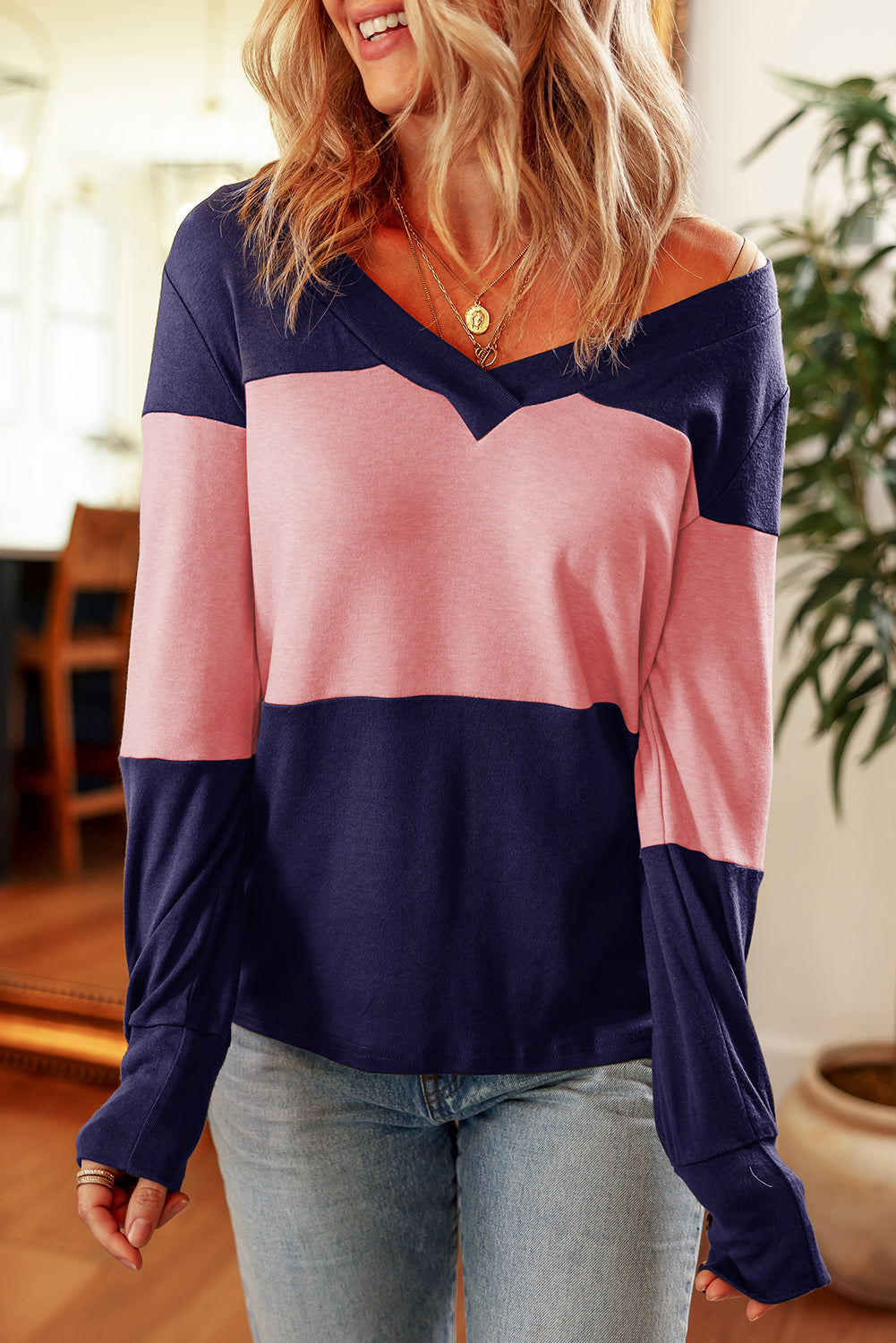 Blue Stripe Colorblock Button Decor Long Sleeve V Neck Top