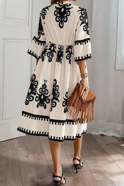 Beige loose midi dress with western geometric print and 3/4 sleeves