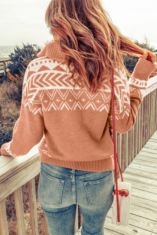 Pull rose à fermeture éclair en tricot géométrique