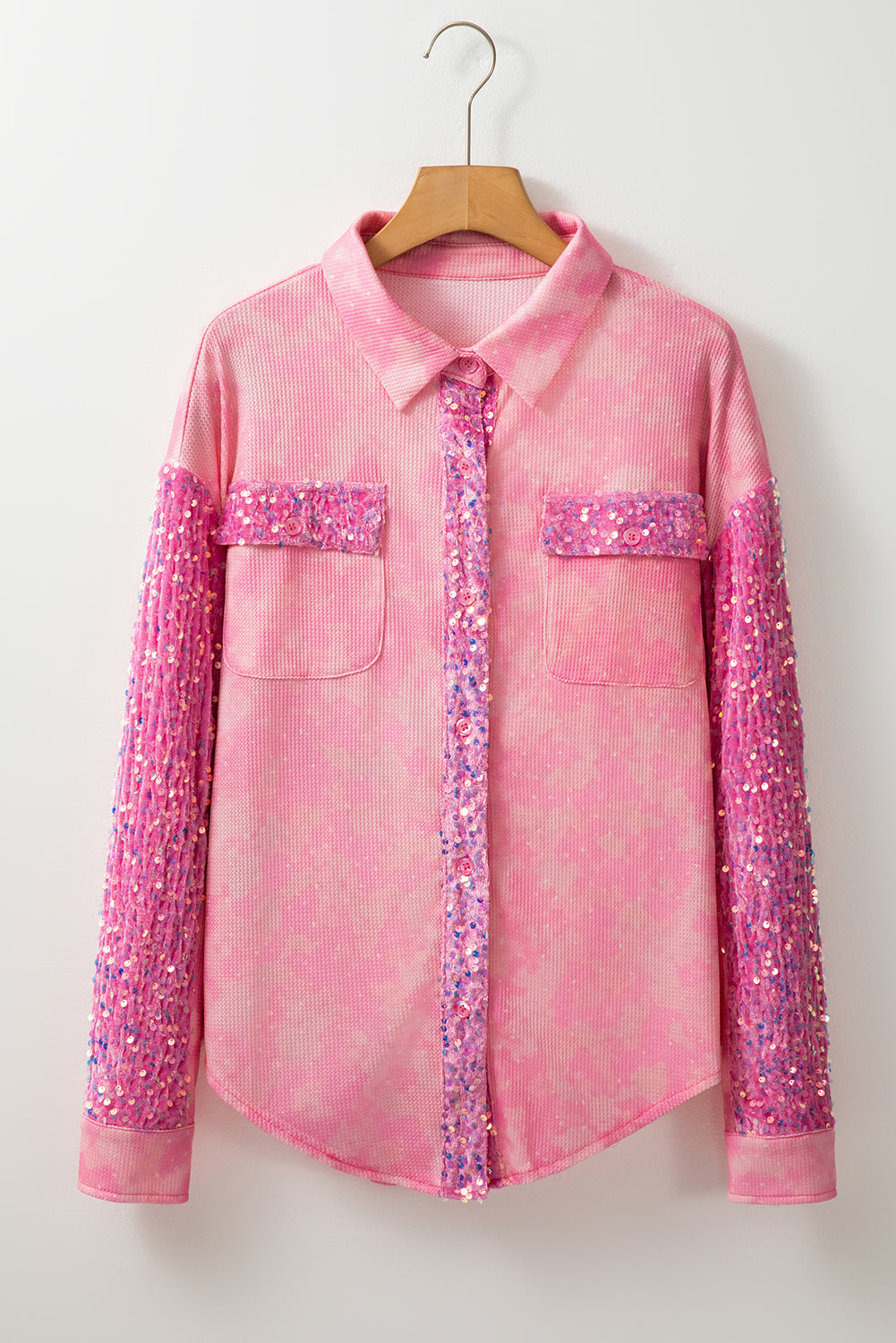 Veste courte à poche à rabat et patchwork de sequins délavés minéraux rose abricot