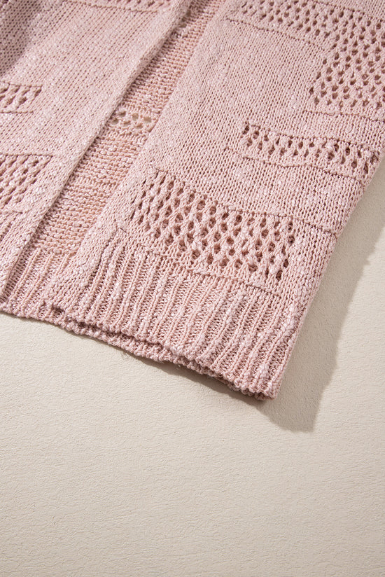 Pink Casual Hollow Knit Dolman Sleeve Cardigan