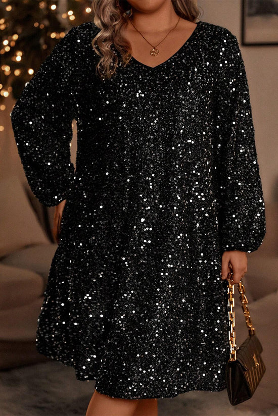 Couleur noir Robe à paillettes à manches bulles et col en V de grande taille