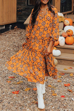 Orange Western Geometric Print Midi Dress with Tiered Ruffles, Loose Fit