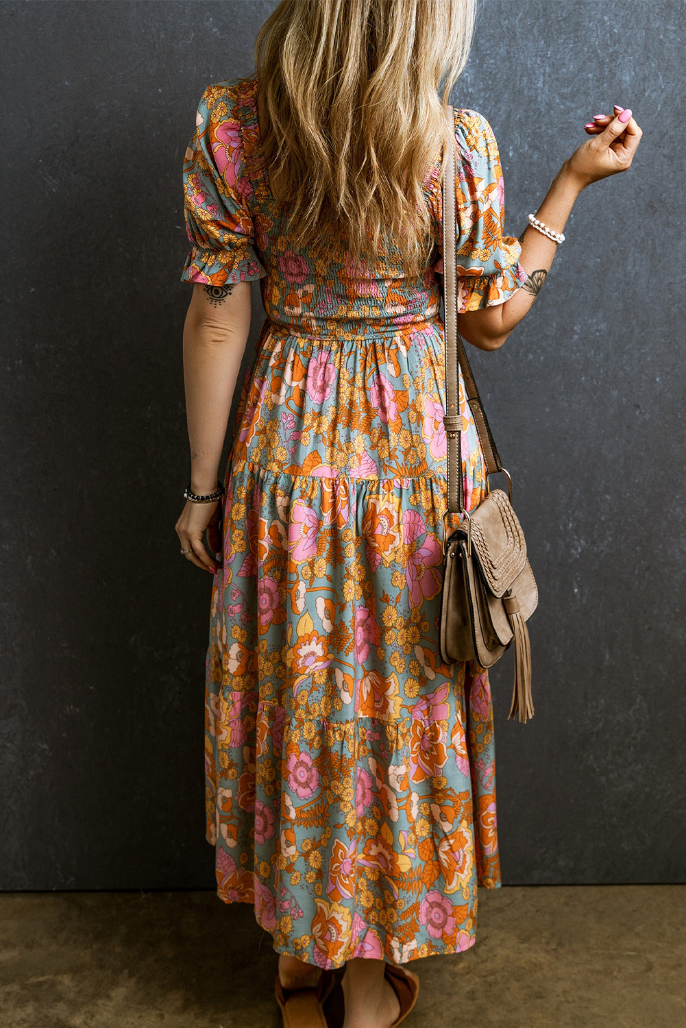 Yellow floral dress with smocked bodice, high waist, puff sleeves