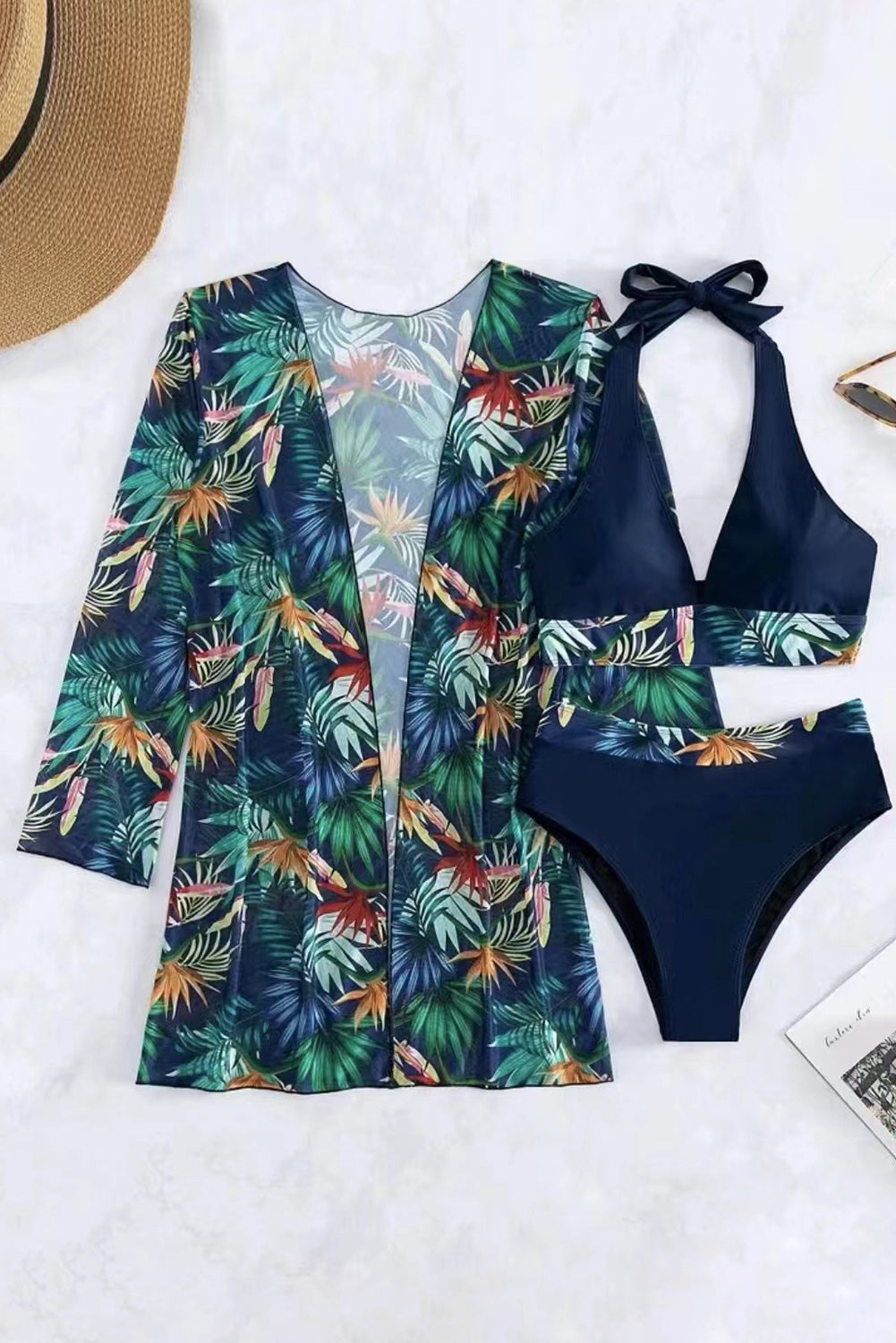 Ensemble de bikini dos nu à bordure contrastée tropicale 3 pièces noir avec cache-maillot