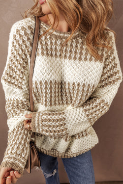 Brown loose sweater with stripes and dropped shoulders, round neck