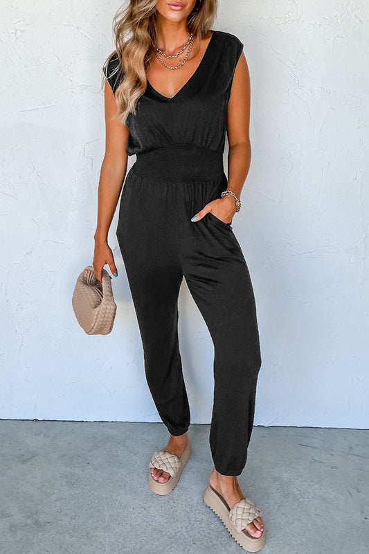 Black Ruched High Waist Sleeveless V Neck Jumpsuit