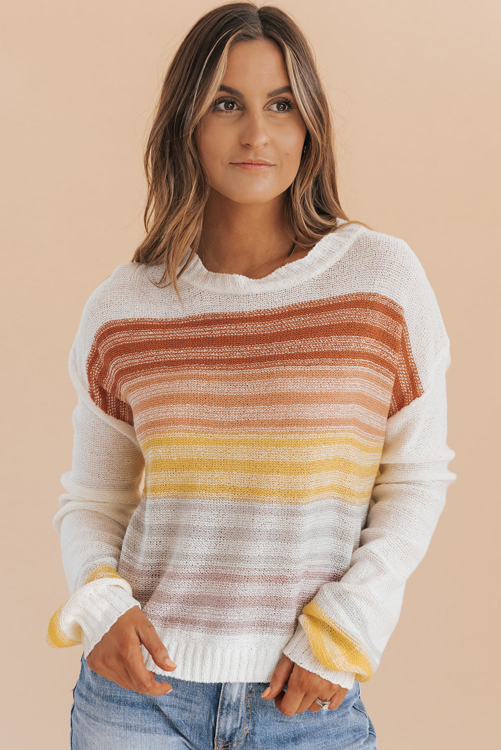 Multicolor -Streifen -Langarmpullover runden Nackenpullover