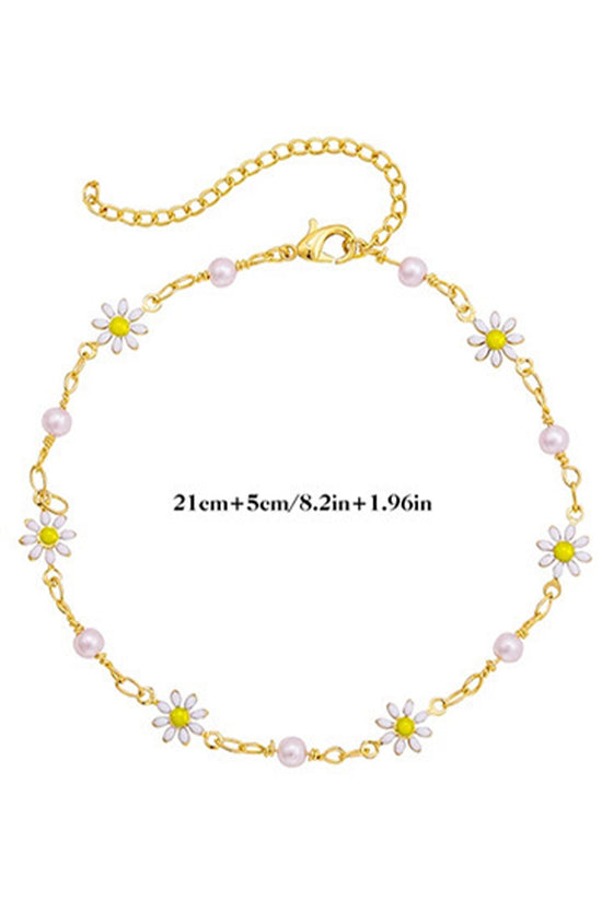 Bracelet de cheville chaîne en marguerite et perles dorées