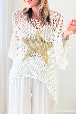 Haut pull d'été tricoté au crochet avec motif étoile blanche