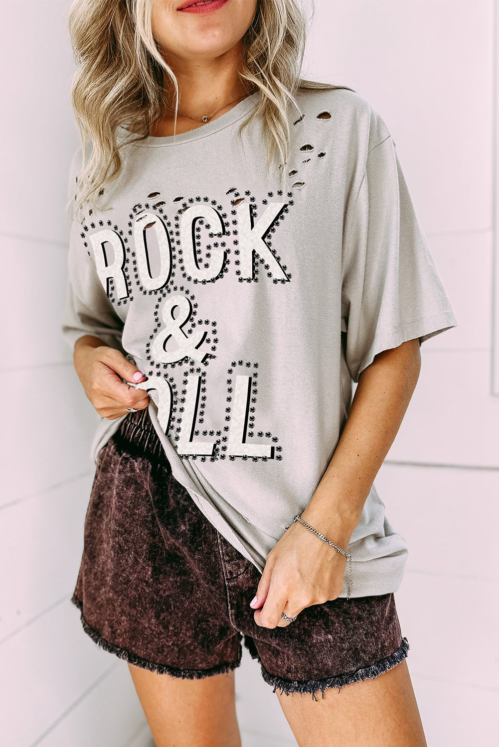 Grey Rock & Roll Graphic Anganited Vintage T -tee