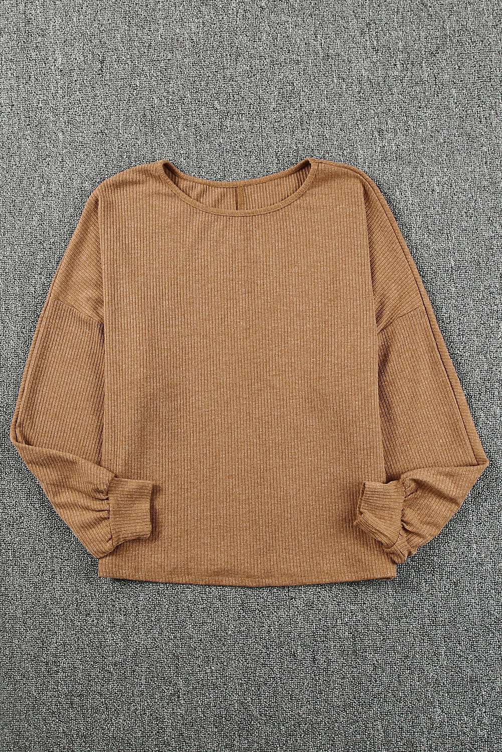 Brown Solid Crew Neck Loose Ribbed Knit Top
