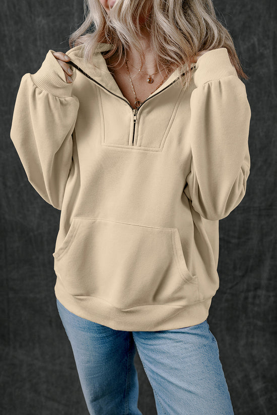 Smoke gray zip-up sweatshirt with stand-up collar and kangaroo pocket