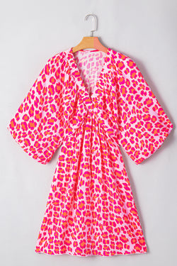 Pink Leopard Print Elasticated V-Neck Dress with 3/4 Puff Sleeves