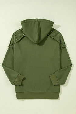 Vineyard Green Solid Color Rivets Raglan Sleeve Hoodie with Pocket