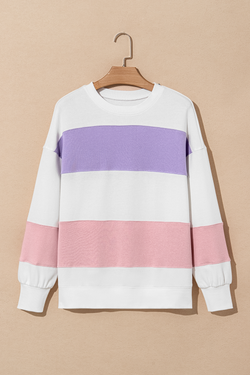 Beige crew neck sweatshirt with dropped shoulders in color block patchwork