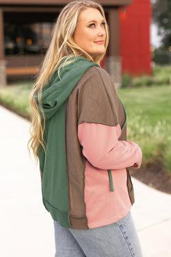 Breen Patchwork Colorblock V-Neck Plus Size Hoodie