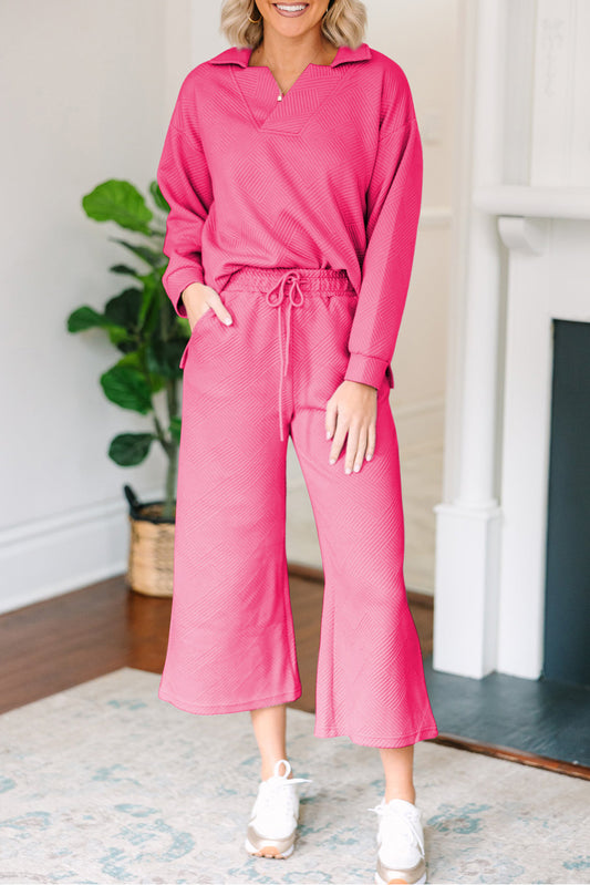 Bonbon - Solid Textured V-Neck Top &amp; Wide Leg Pants Set