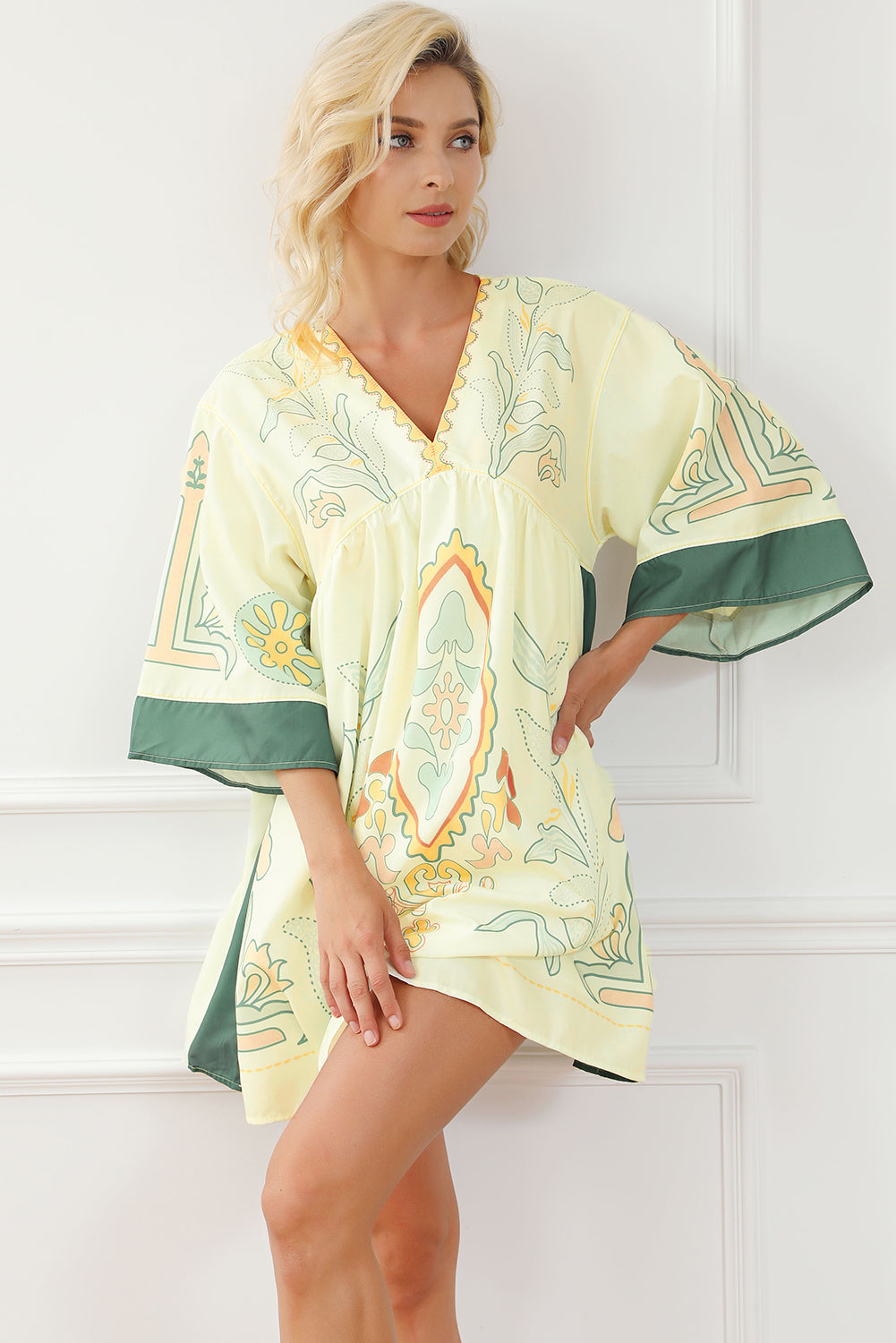 Multicolor Bohemian Print Short Kimono Dress V-Neck Empire Waist