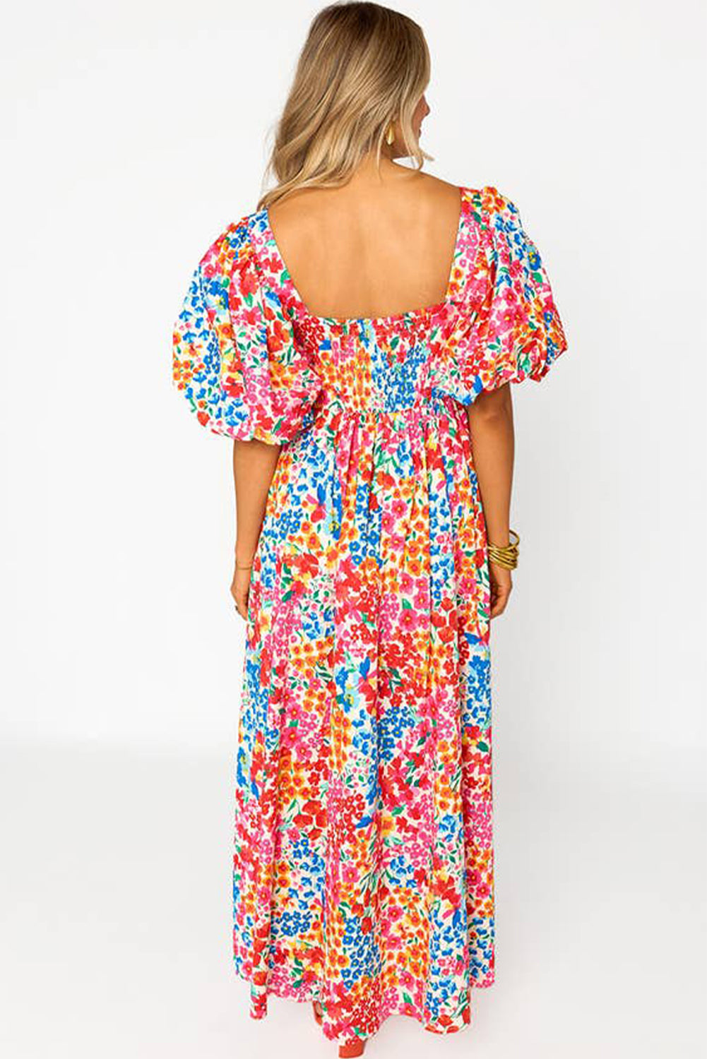 Vestido de maxi floral de la manga de la manga de rosa hojaldre