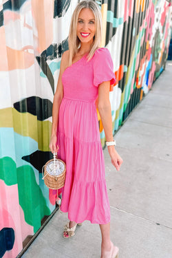 Asymmetrical midday dress with puffy sleeves and smocked bodice on several levels pink strawberry