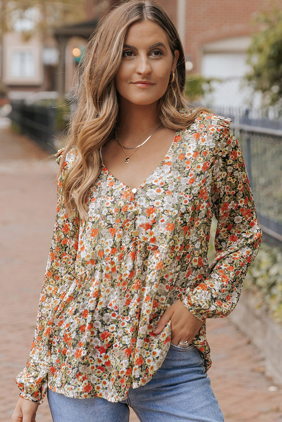 Babydoll khaki flower blouse with V -collar and ruffles