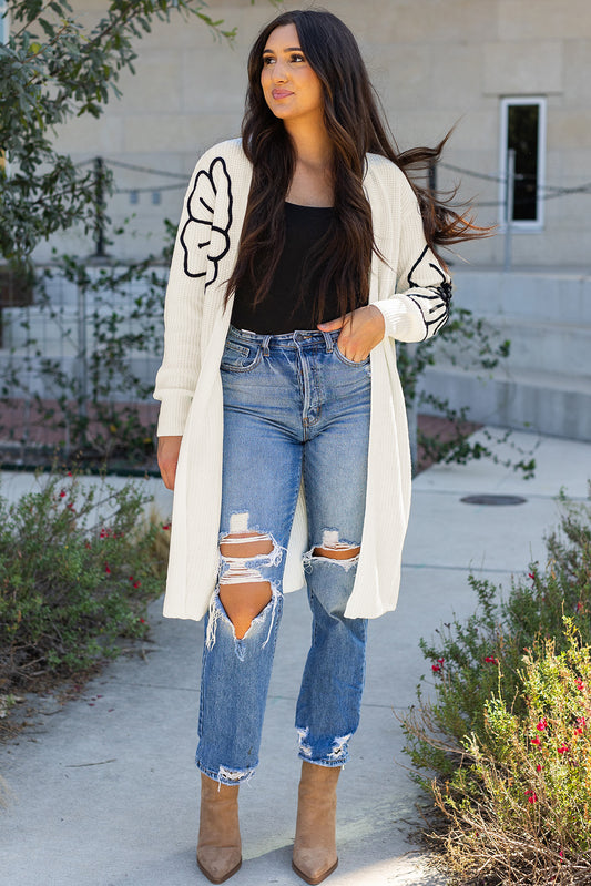 Beige floral embroidered drop shoulder open front cardigan