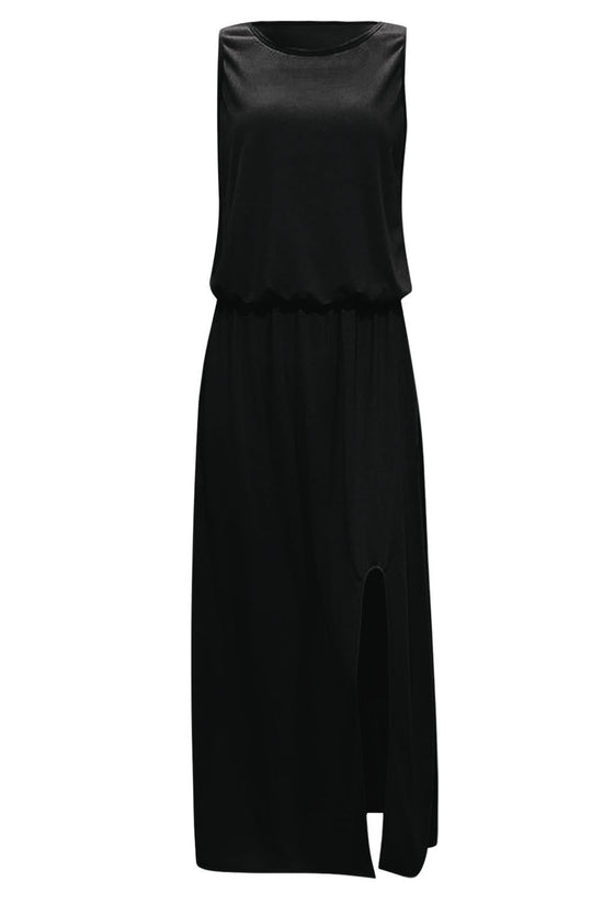 Robe longue tunique noire unie sans manches avec fente