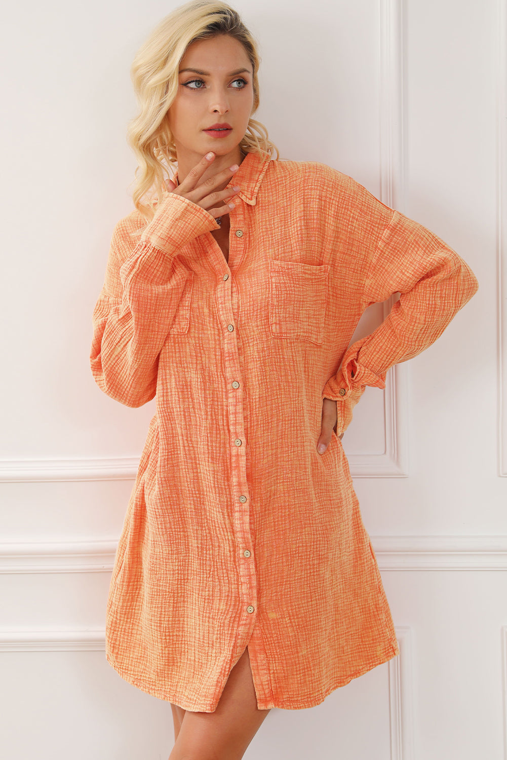 Robe de chemise surdimensionnée de poche à double poitrine orange