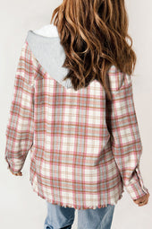 Multi-color plaid raw hem hooded jacket with flap pocket