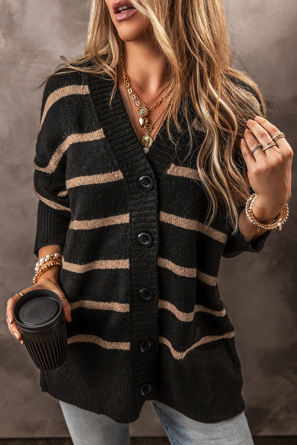 Black Striped Buttoned V-Neck Drop Shoulder Loose Cardigan