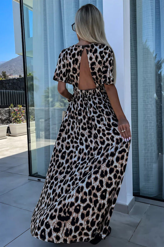 Long khaki leopard dress in v *