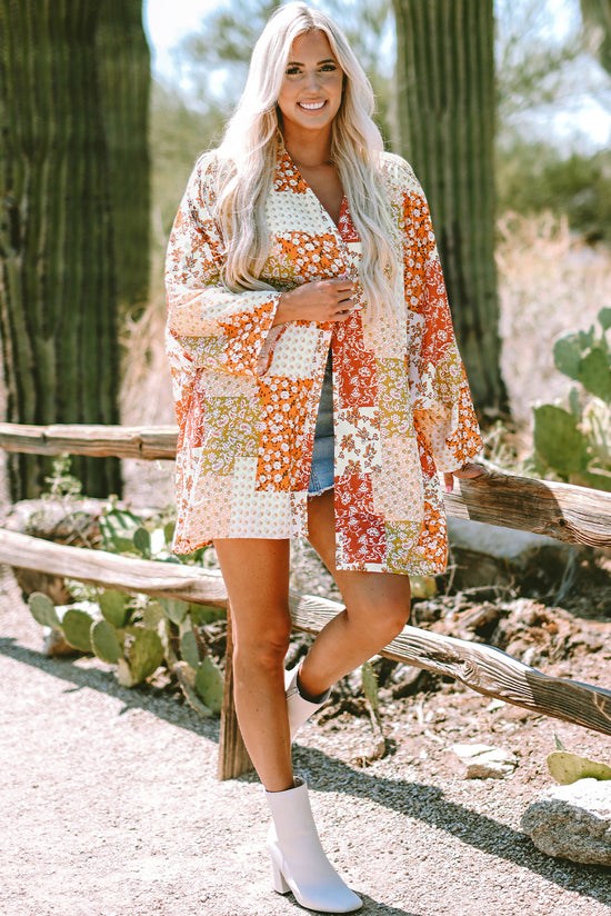 Kimono blanc ouvert à fleurs en patchwork style Boho