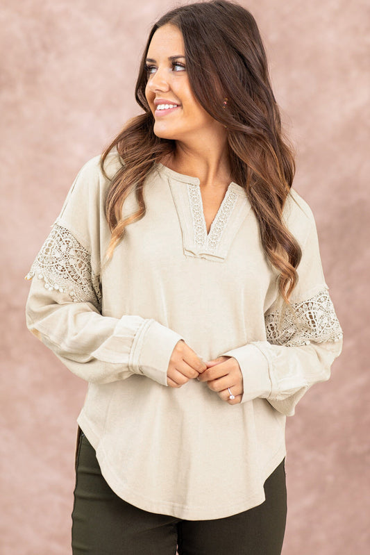 Notched collar crew neck sweatshirt with crochet insert and oatmeal