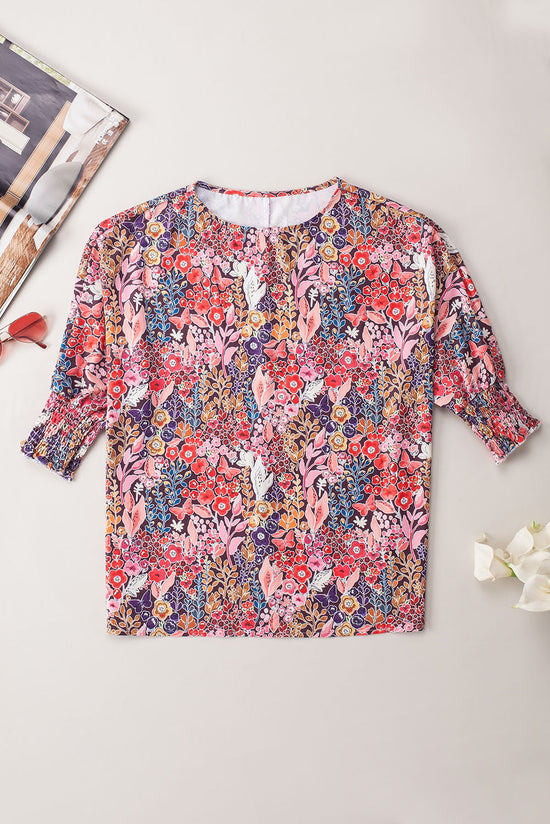 Blouse tunique froncée à manches 3/4 et imprimé floral multicolore