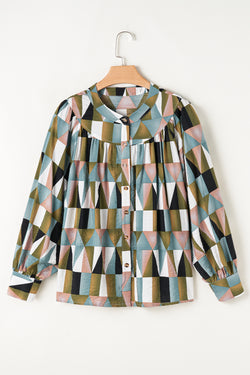 Ballooned Green Geometric Print Greek Sleeve Shirt