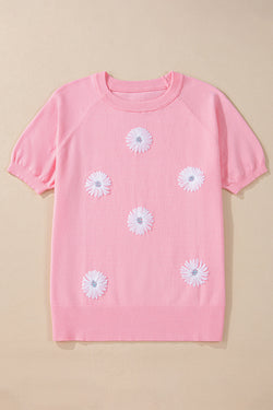 High knitted with short sleeves with pink flowers pattern