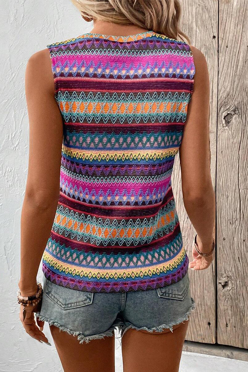 Purple Ethnic Wavy Pattern Round Neck Sleeveless Top