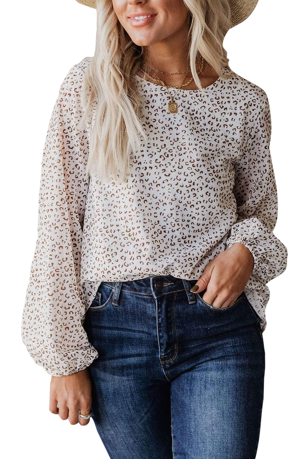 Leopard Crew Neck Long Sleeve Blouse