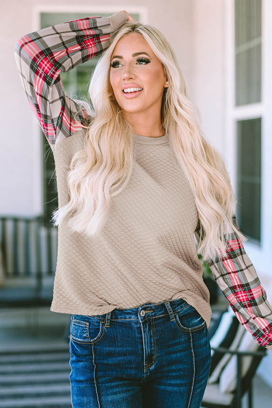 Apricot Plaid Raglan Sleeve Sweatshirt