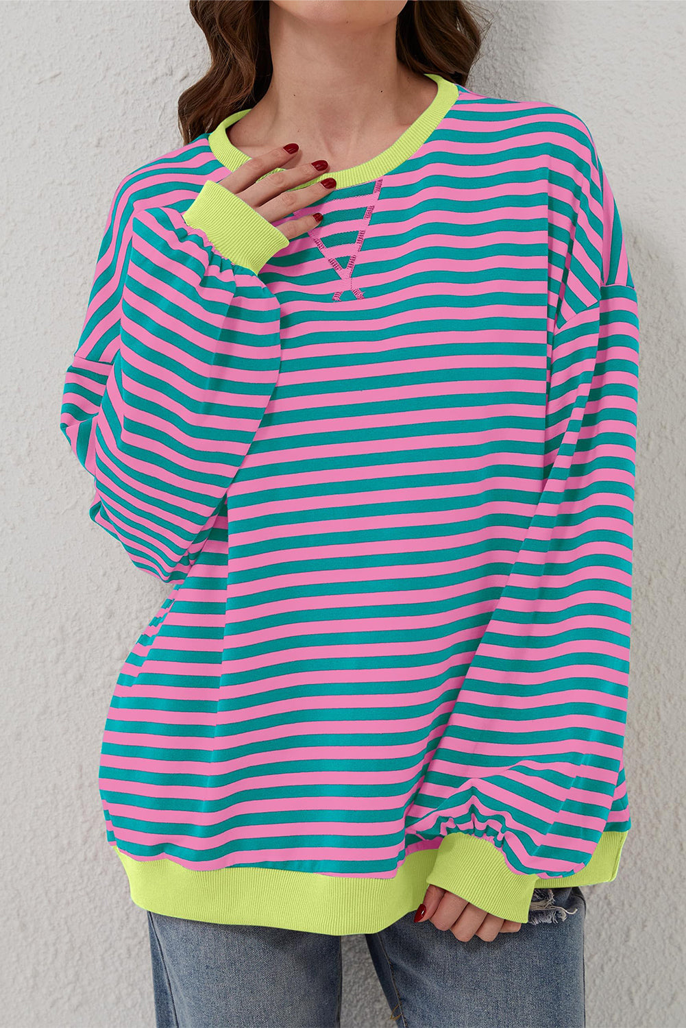 Green Stripe Oversized Contrast Trim Pullover Sweatshirt