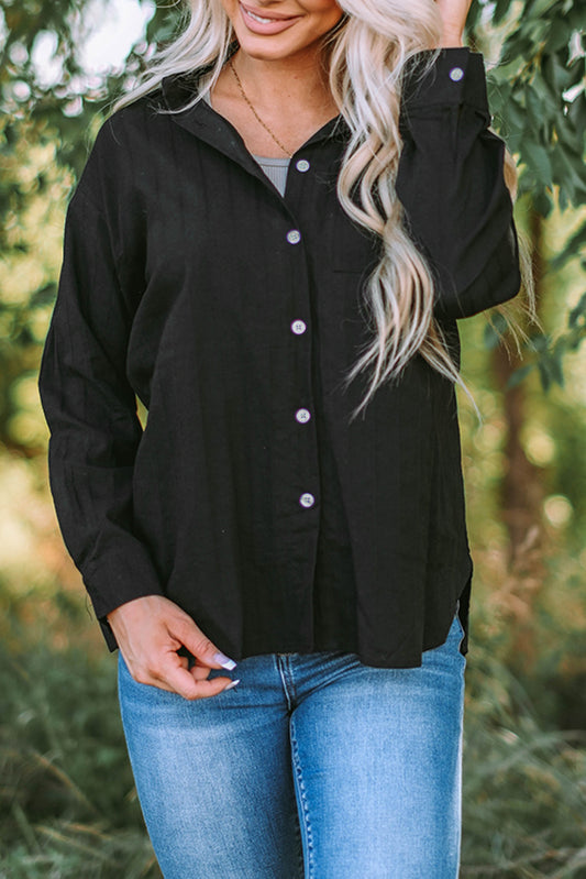 Black Textured Buttoned Pocket Long Sleeve Shirt