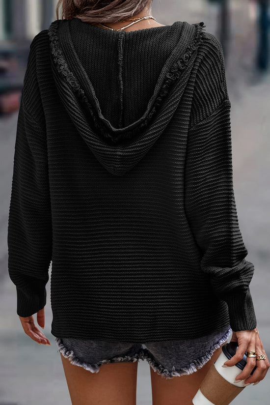 Black Ribbed V-Neck Drop Shoulder Hoodie