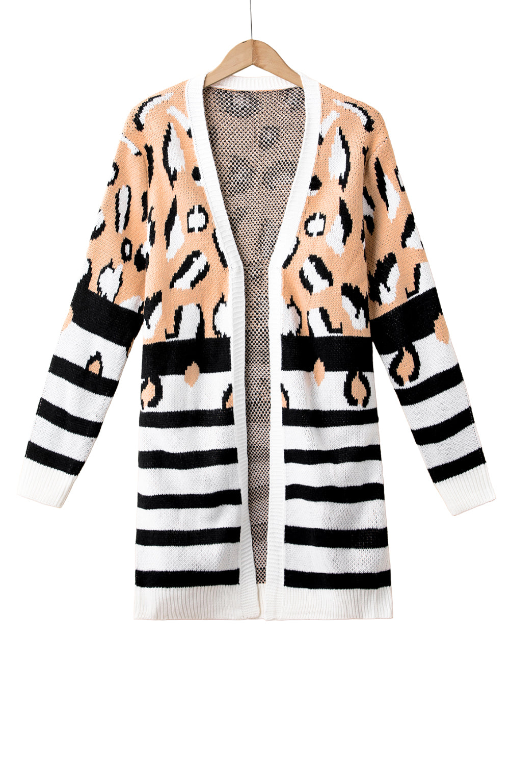 Cardigan frontale aperto a strisce leopardate marrone