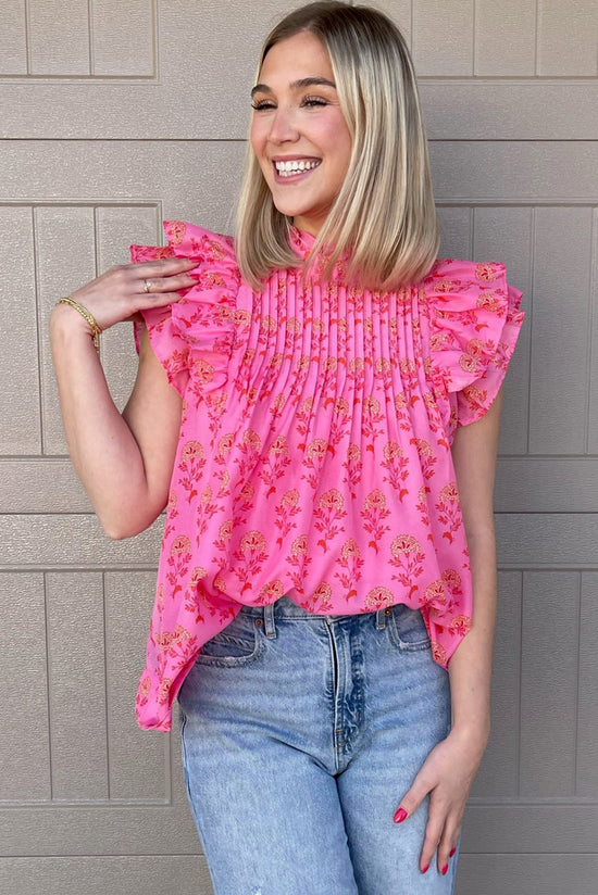 Blusa voladora con volantes y mangas flotantes con estampado floral rosa rojo