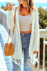Cardigan en maille torsadée ajourée à glands beige-A WOMAN WE LOVE