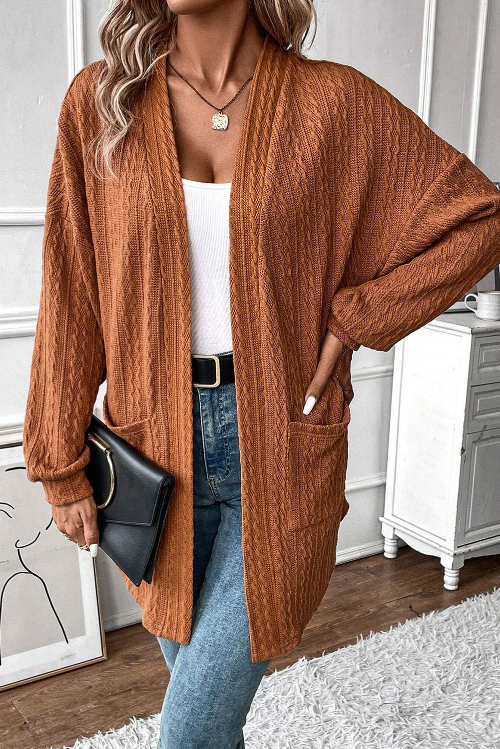 Chestnut Textured Knit Open Front Cardigan with Side Pockets